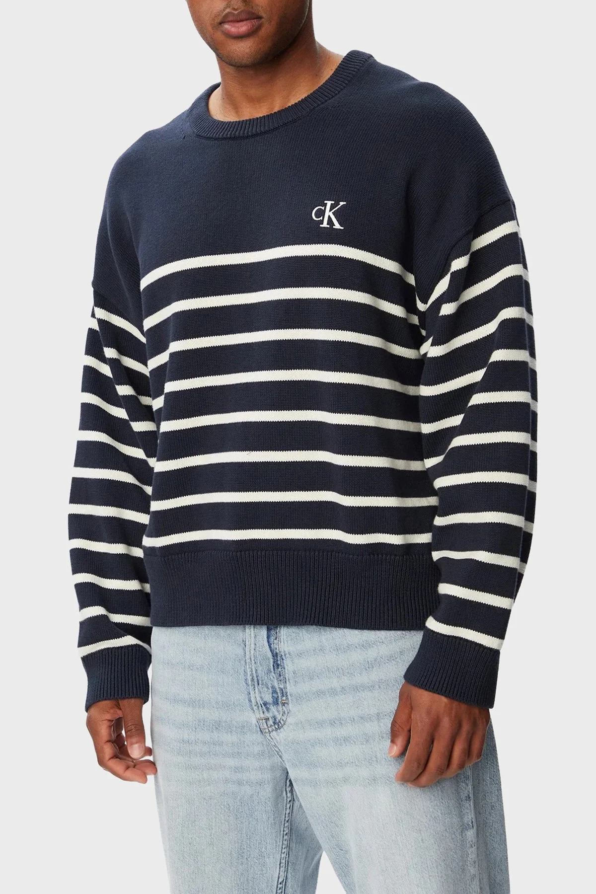 Calvin Klein % 100 Pamuk Çizgili Relaxed Fit LV04RG305GCEF Erkek Sweat LV04RG305G CEF LACİVERT - 1