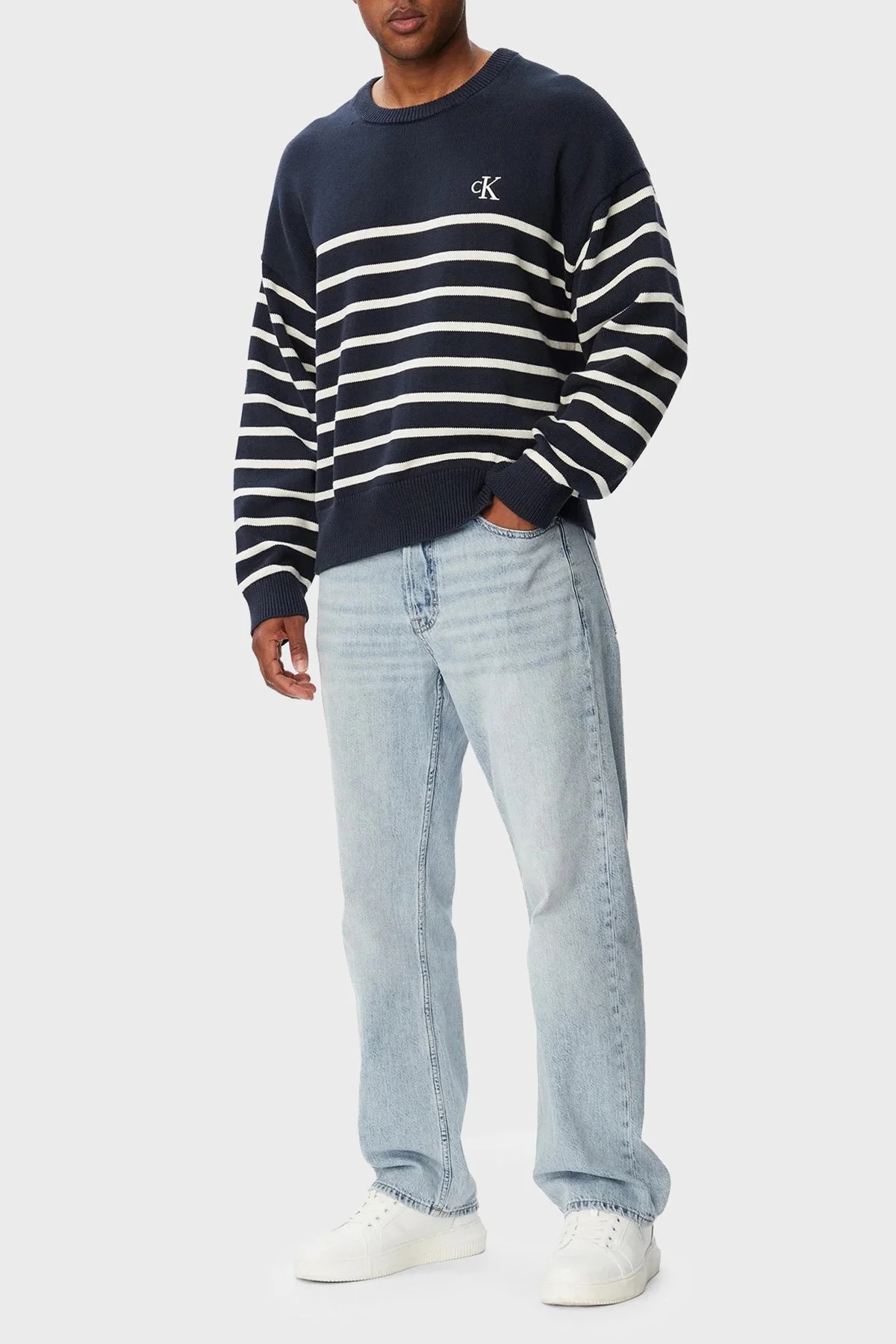 Calvin Klein % 100 Pamuk Çizgili Relaxed Fit LV04RG305GCEF Erkek Sweat LV04RG305G CEF LACİVERT - 2