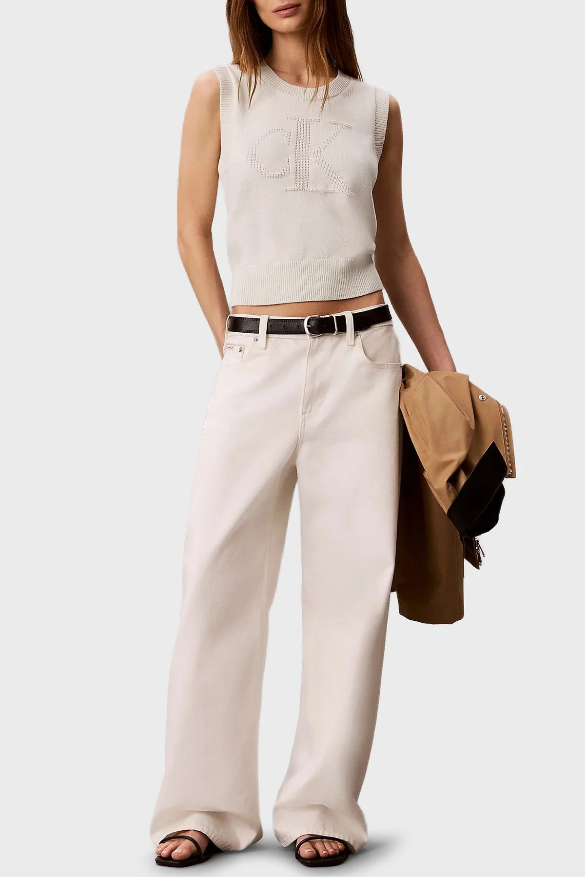 Calvin Klein % 100 Pamuk Dokulu Logo Monogramlı LV047G321GYAS Kadın Süveter LV047G321G YAS Krem - 2