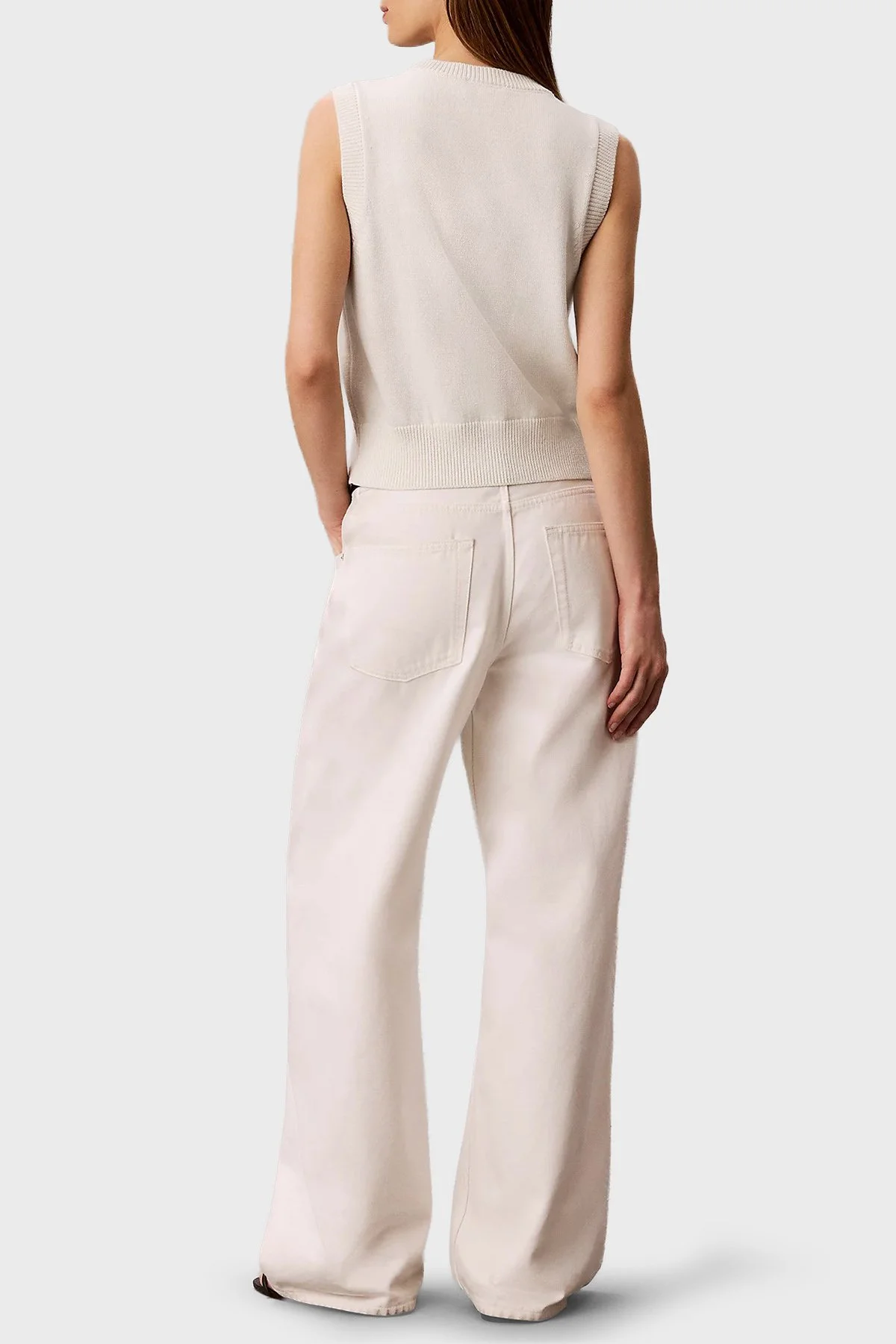 Calvin Klein % 100 Pamuk Dokulu Logo Monogramlı LV047G321GYAS Kadın Süveter LV047G321G YAS Krem - 3