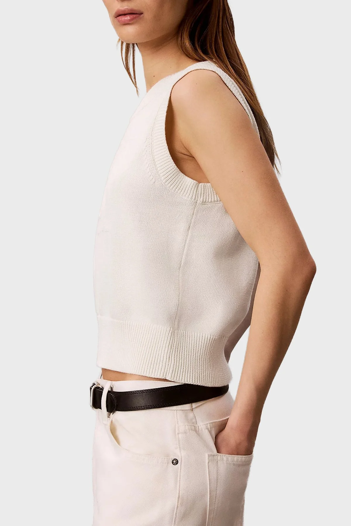 Calvin Klein % 100 Pamuk Dokulu Logo Monogramlı LV047G321GYAS Kadın Süveter LV047G321G YAS Krem - 4