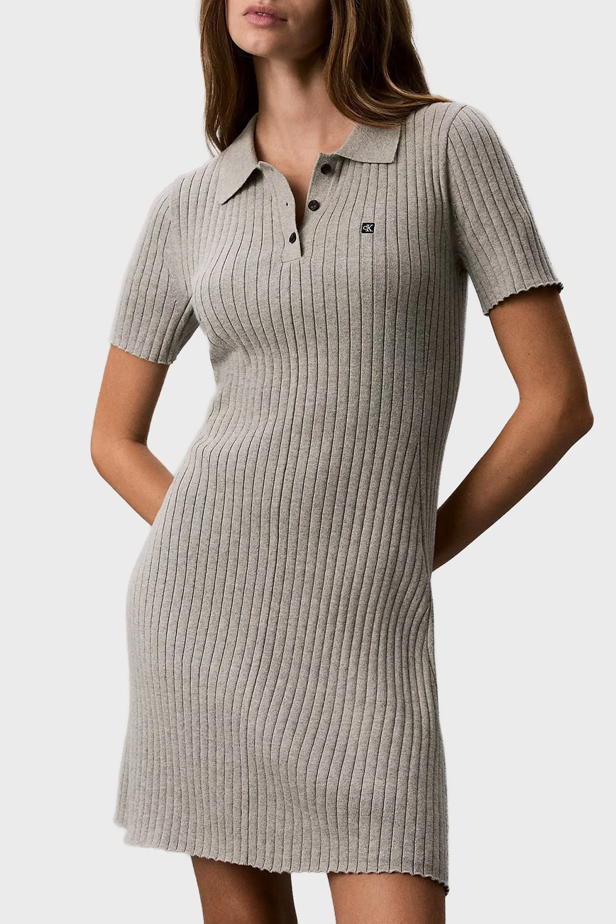 Calvin Klein % 100 Pamuk Fitilli Düğmeli Polo Yaka Mini LV047G301GP7A Kadın Elbise LV047G301G P7A GRİ MELANJ - 1