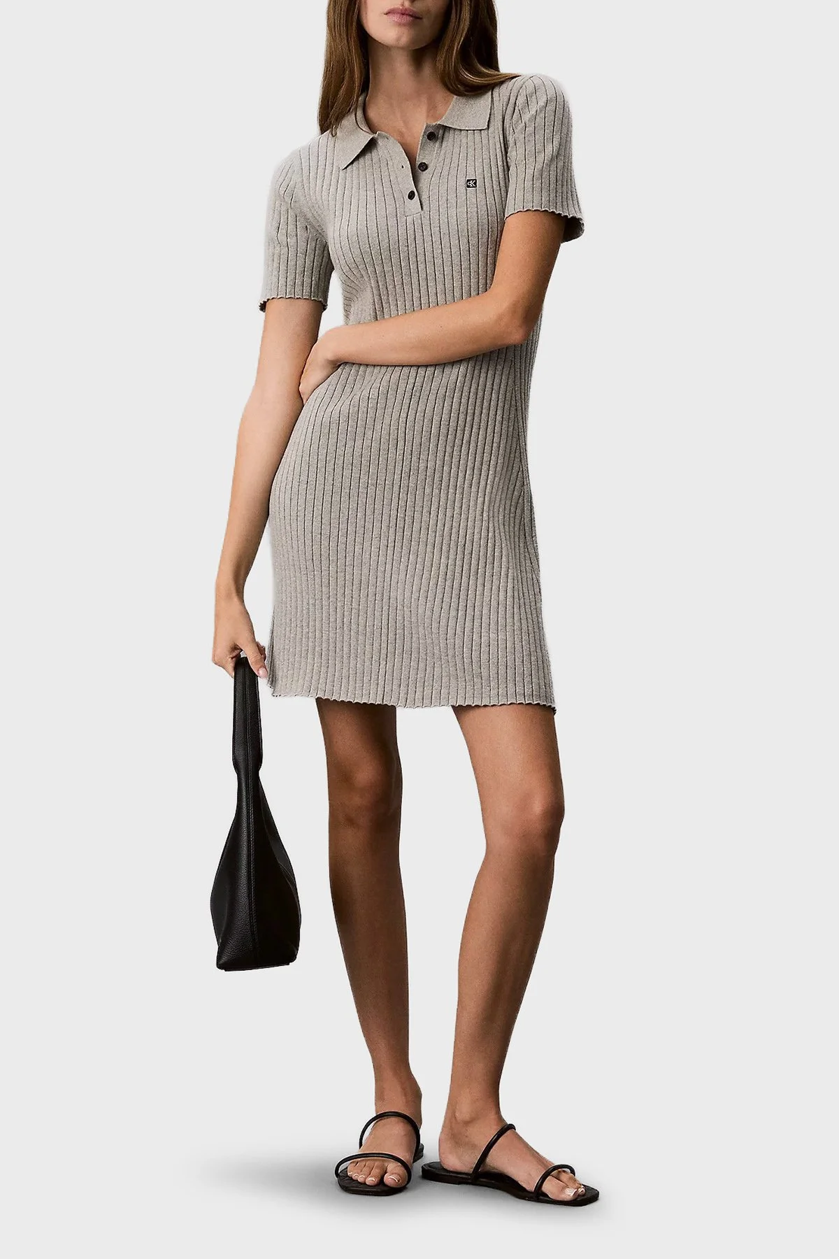 Calvin Klein % 100 Pamuk Fitilli Düğmeli Polo Yaka Mini LV047G301GP7A Kadın Elbise LV047G301G P7A GRİ MELANJ - 2