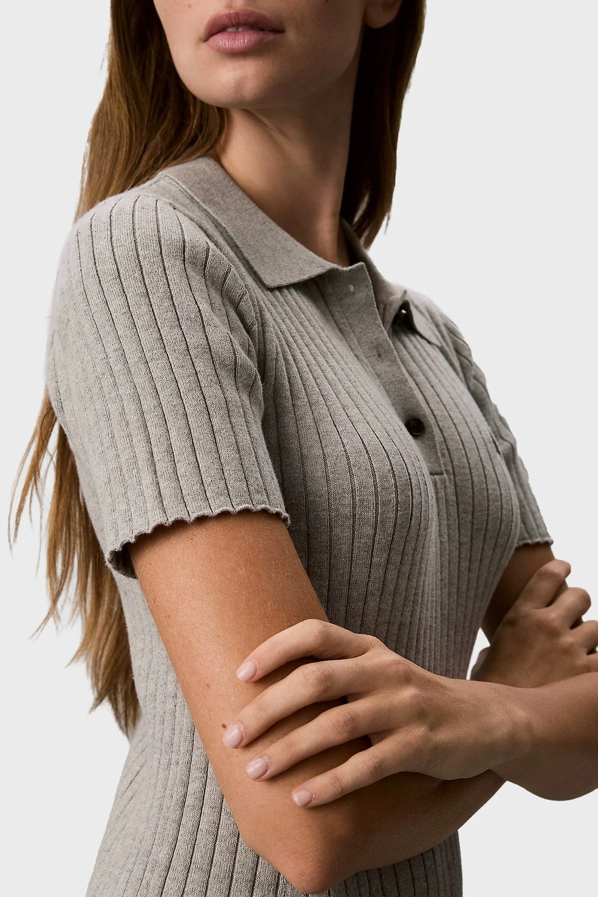 Calvin Klein % 100 Pamuk Fitilli Düğmeli Polo Yaka Mini LV047G301GP7A Kadın Elbise LV047G301G P7A GRİ MELANJ - 5