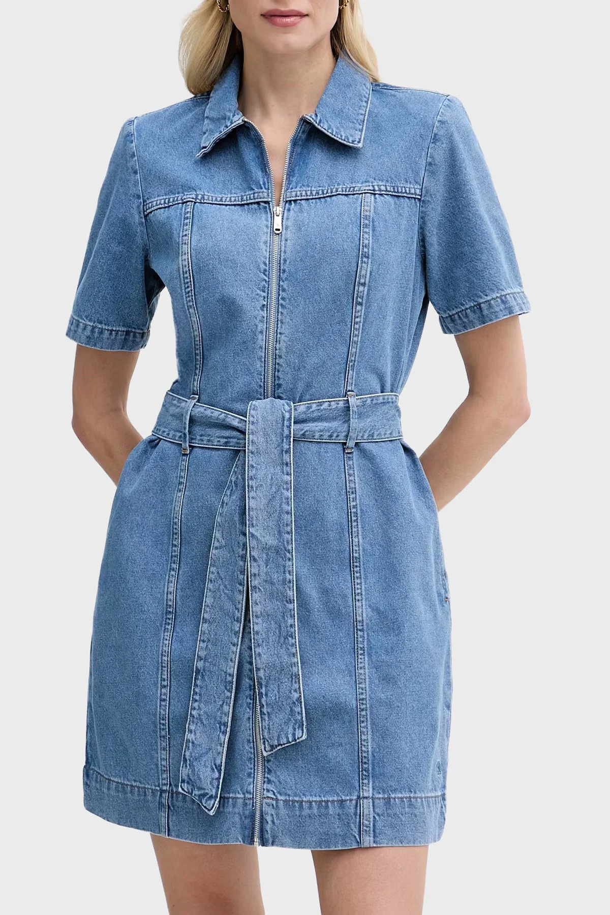 Calvin Klein % 100 Pamuk Kemerli Kot Gömlek LV047G738GYRC Kadın Elbise LV047G738G YRC MAVİ - 1