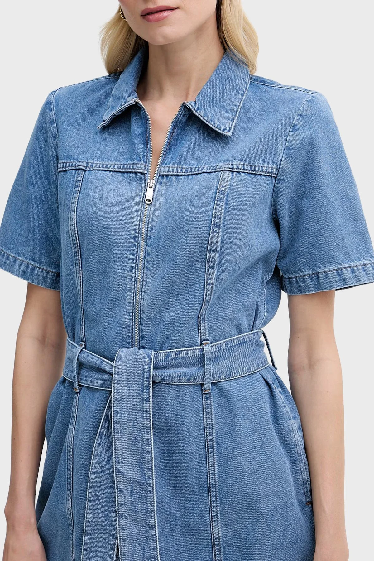 Calvin Klein % 100 Pamuk Kemerli Kot Gömlek LV047G738GYRC Kadın Elbise LV047G738G YRC MAVİ - 4