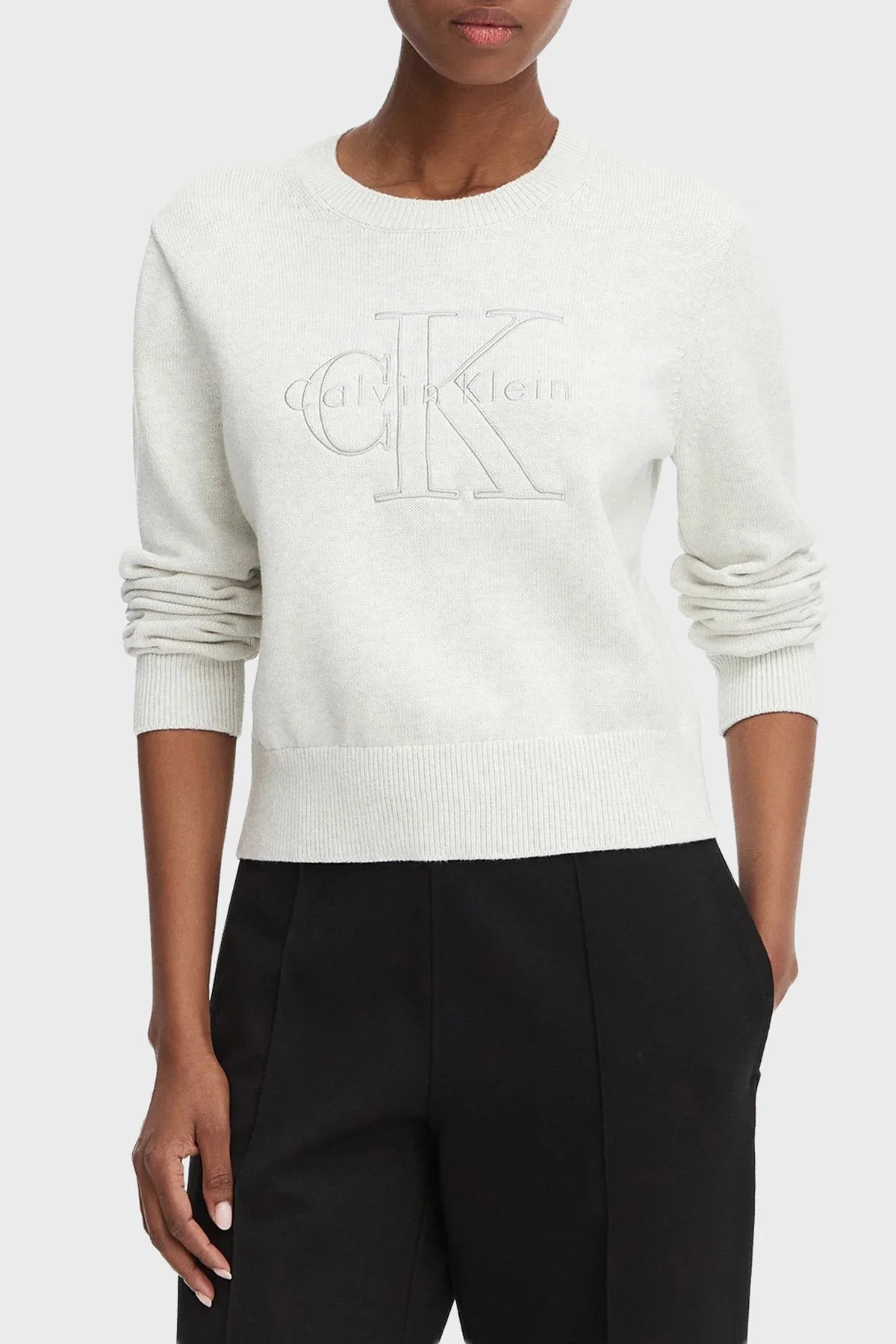 Calvin Klein % 100 Pamuk Logo Monogramlı LV047G322GP74 Kadın Sweat LV047G322G P74 AÇIK GRİ MELANJ - 1