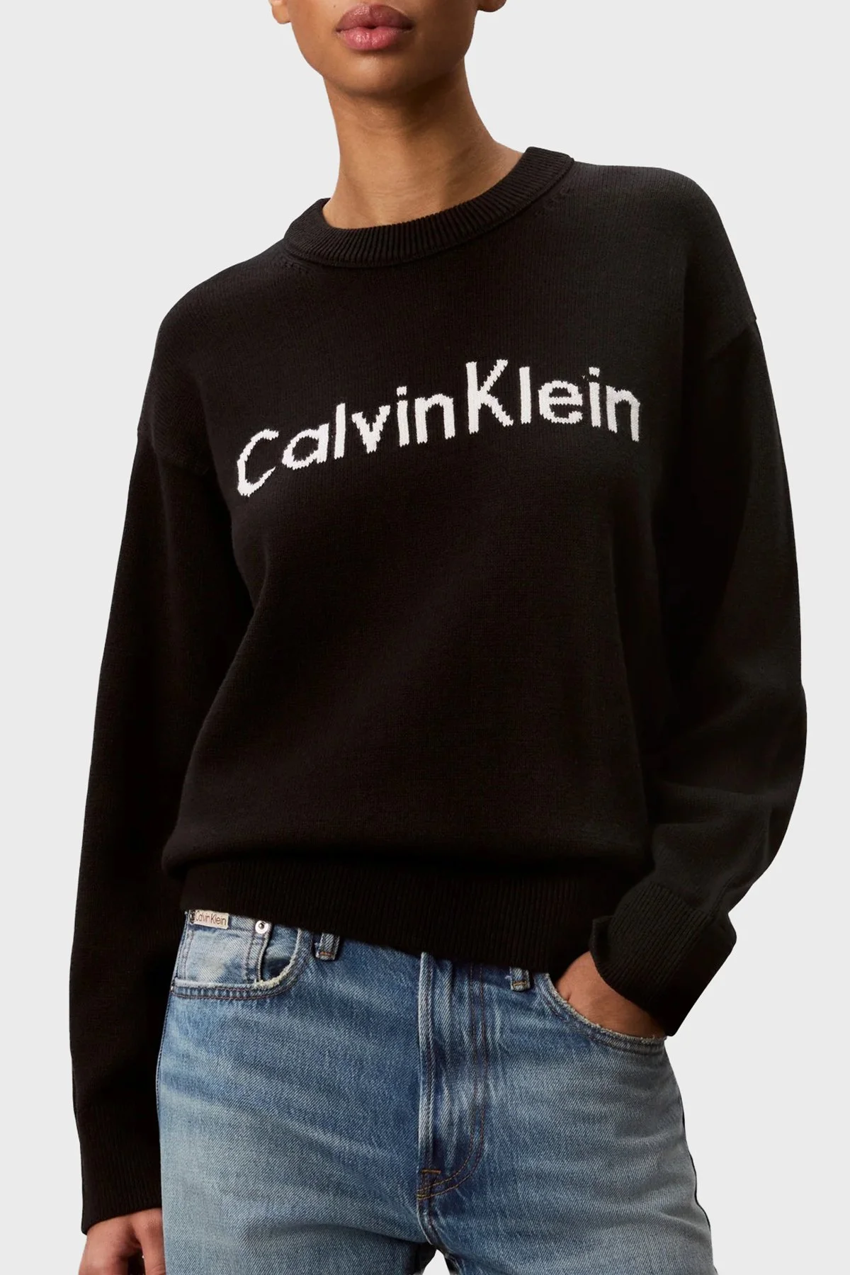 Calvin Klein % 100 Pamuk Logolu Bisiklet Yaka Örme LV044G313GUB1 Kadın Kazak LV044G313G UB1 SİYAH - 1