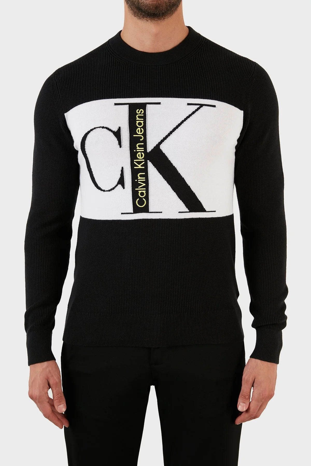 Calvin Klein % 100 Pamuk Logolu Regular Fit Bisiklet Yaka Erkek Kazak J30J322203 BEH SİYAH - 4