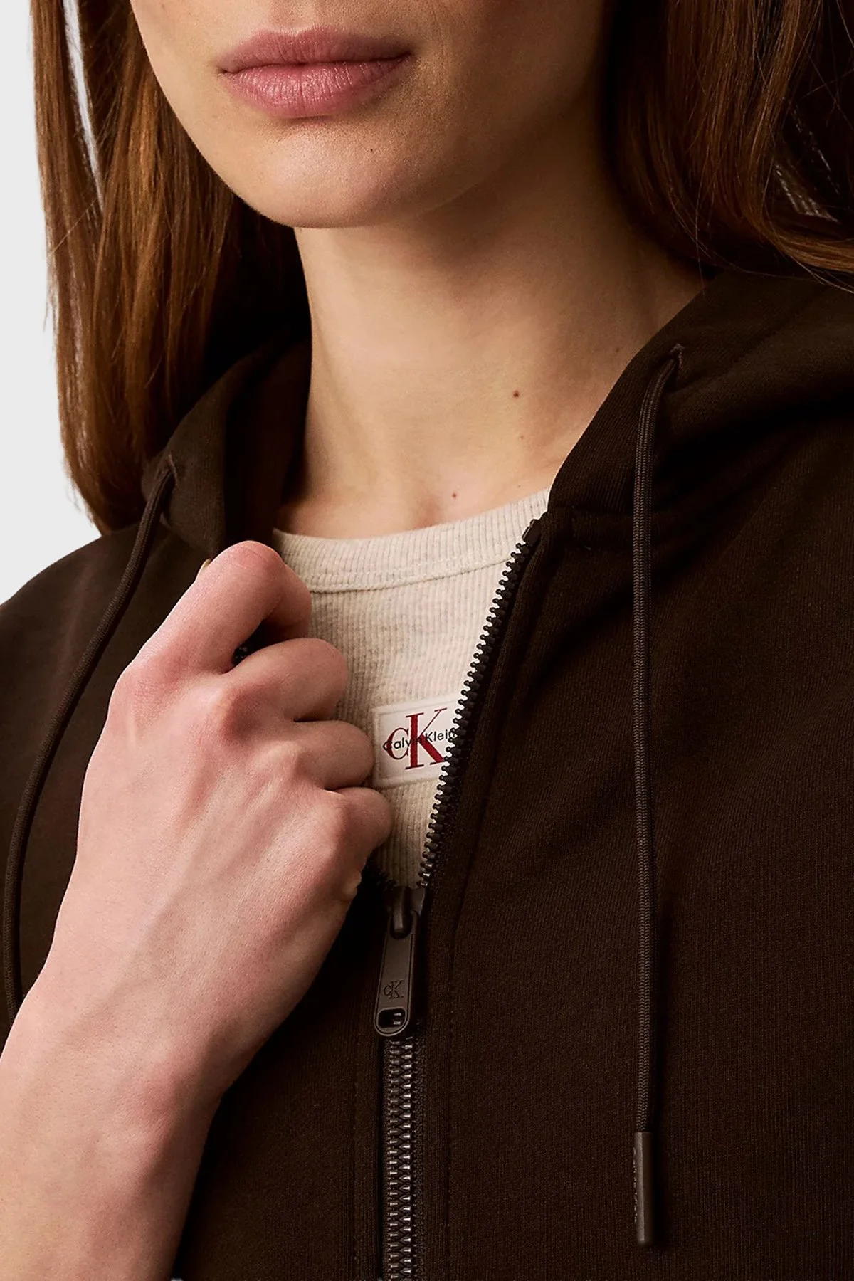 Calvin Klein % 100 Pamuk Logolu Regular Fit Fermuarlı Kapüşon Yaka LV047G252GTO2 Kadın Sweat LV047G252G TO2 KAHVE - 5