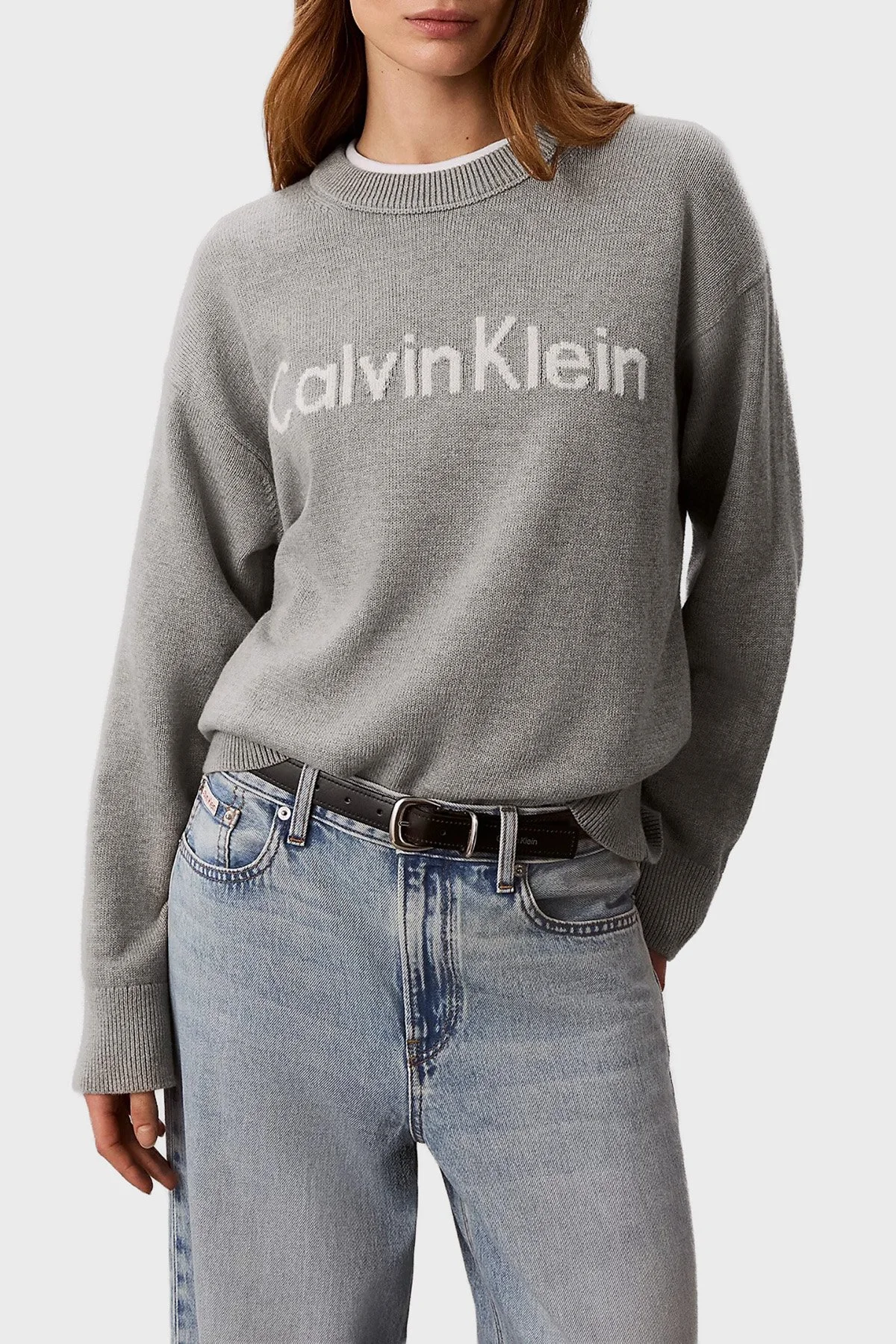 Calvin Klein % 100 Pamuk Logolu Relaxed Fit Bisiklet Yaka LV044G313GP7A Kadın Kazak LV044G313G P7A GRİ MELANJ - 1