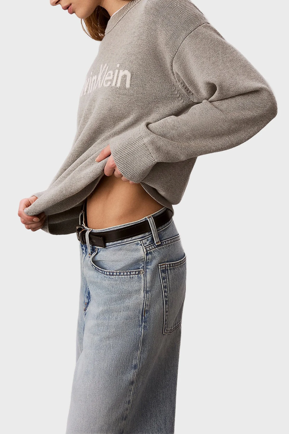 Calvin Klein % 100 Pamuk Logolu Relaxed Fit Bisiklet Yaka LV044G313GP7A Kadın Kazak LV044G313G P7A GRİ MELANJ - 4