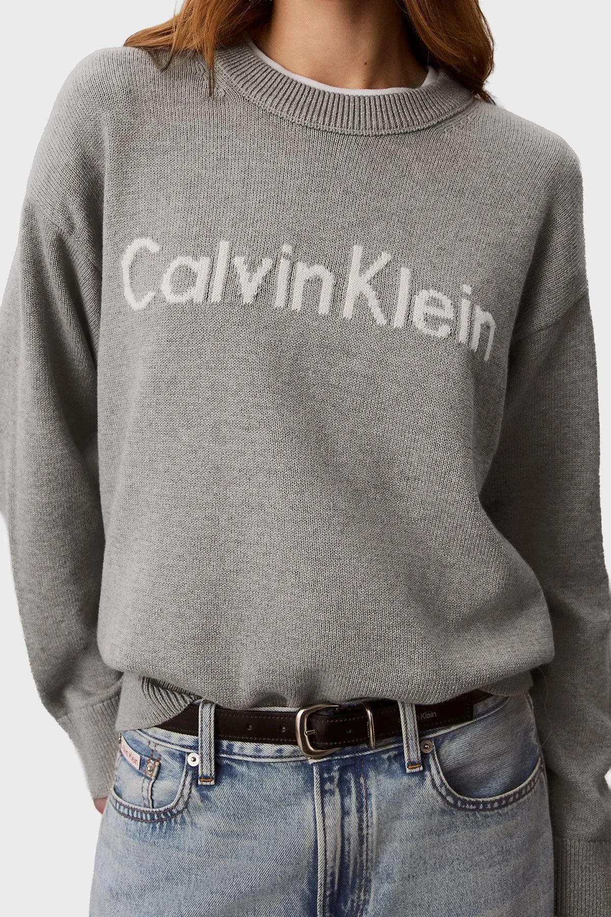 Calvin Klein % 100 Pamuk Logolu Relaxed Fit Bisiklet Yaka LV044G313GP7A Kadın Kazak LV044G313G P7A GRİ MELANJ - 5