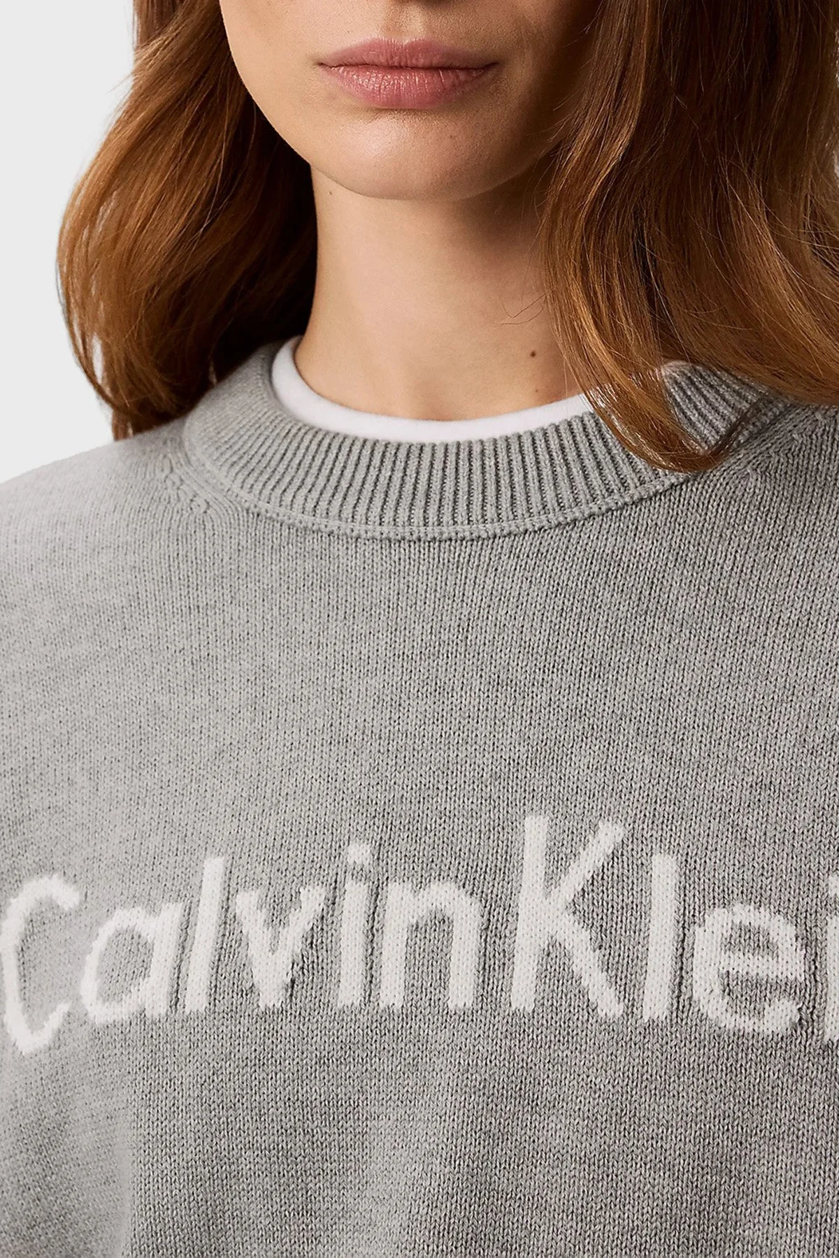 Calvin Klein % 100 Pamuk Logolu Relaxed Fit Bisiklet Yaka LV044G313GP7A Kadın Kazak LV044G313G P7A GRİ MELANJ - 6