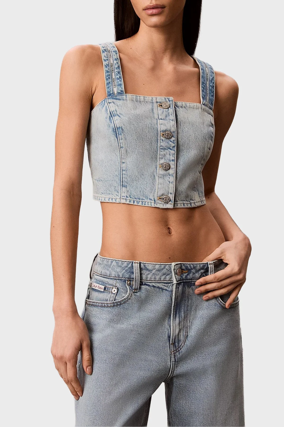 Calvin Klein % 100 Pamuk Logolu Şeritli Kot Askılı Kadın Bluz LV047G728G YP3 AÇIK MAVİ - 1