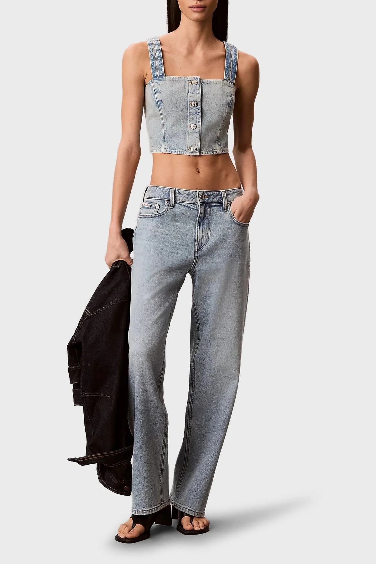 Calvin Klein % 100 Pamuk Logolu Şeritli Kot Askılı Kadın Bluz LV047G728G YP3 AÇIK MAVİ - 2