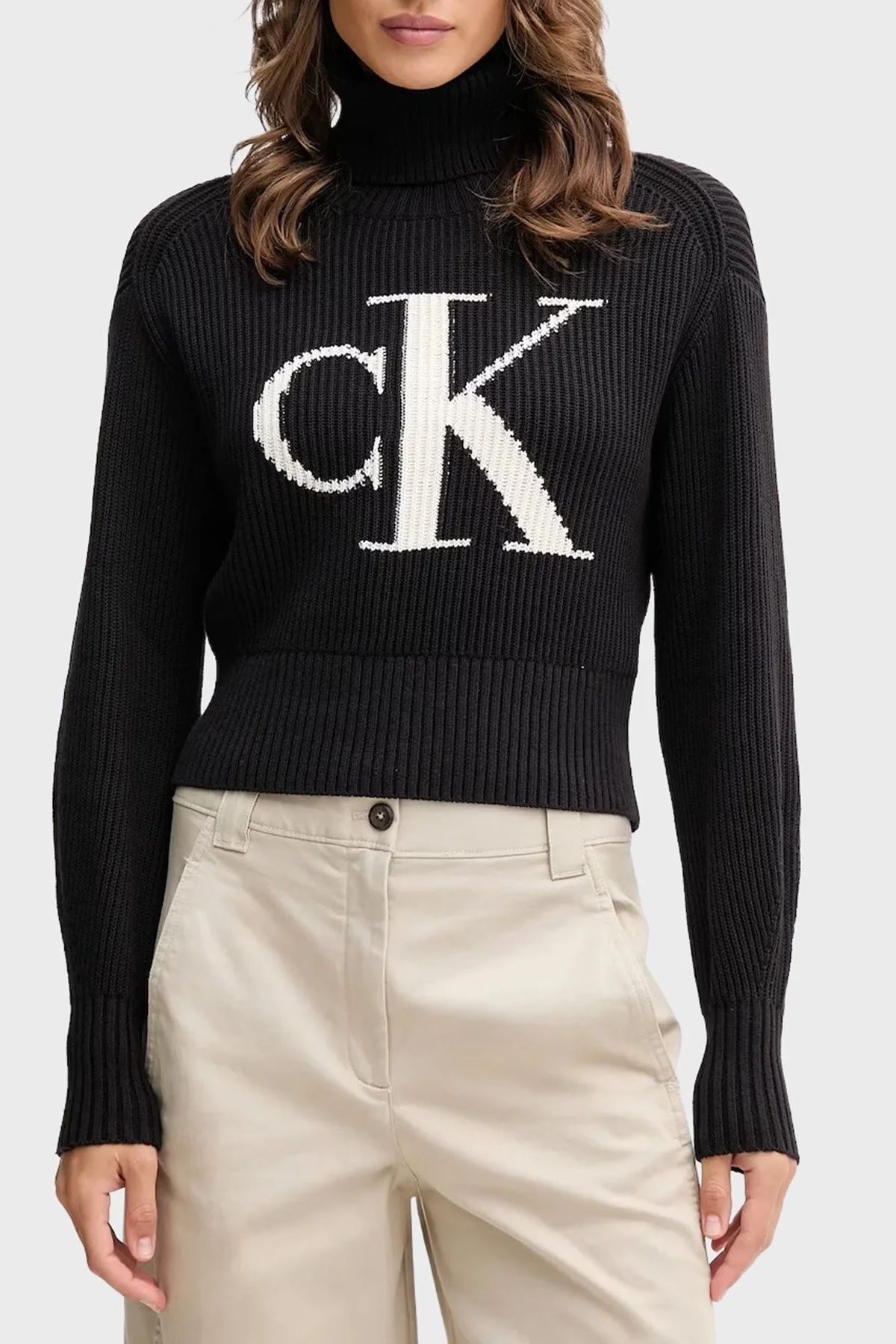Calvin Klein % 100 Pamuk Loose Fit Balıkçı Yaka Logolu LV047D349GUB1 Bayan Kazak LV047D349G UB1 SİYAH - 1