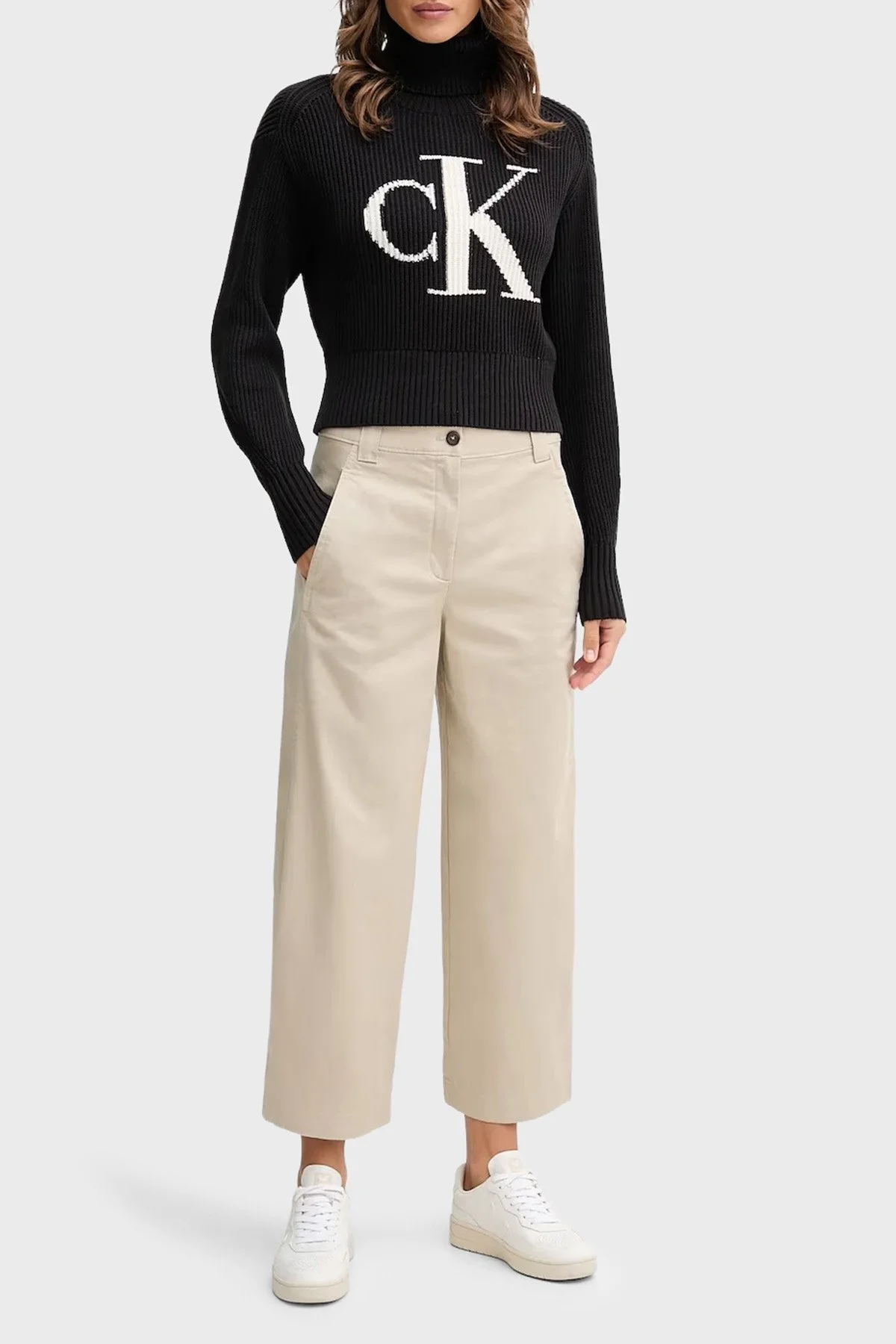 Calvin Klein % 100 Pamuk Loose Fit Balıkçı Yaka Logolu LV047D349GUB1 Bayan Kazak LV047D349G UB1 SİYAH - 2