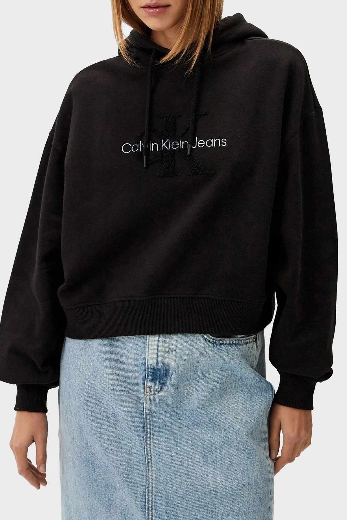 Calvin Klein % 100 Pamuk Oversize Fit Kapüşonlu Crop J20J224170BEH Bayan Sweat J20J224170 BEH SİYAH - 1