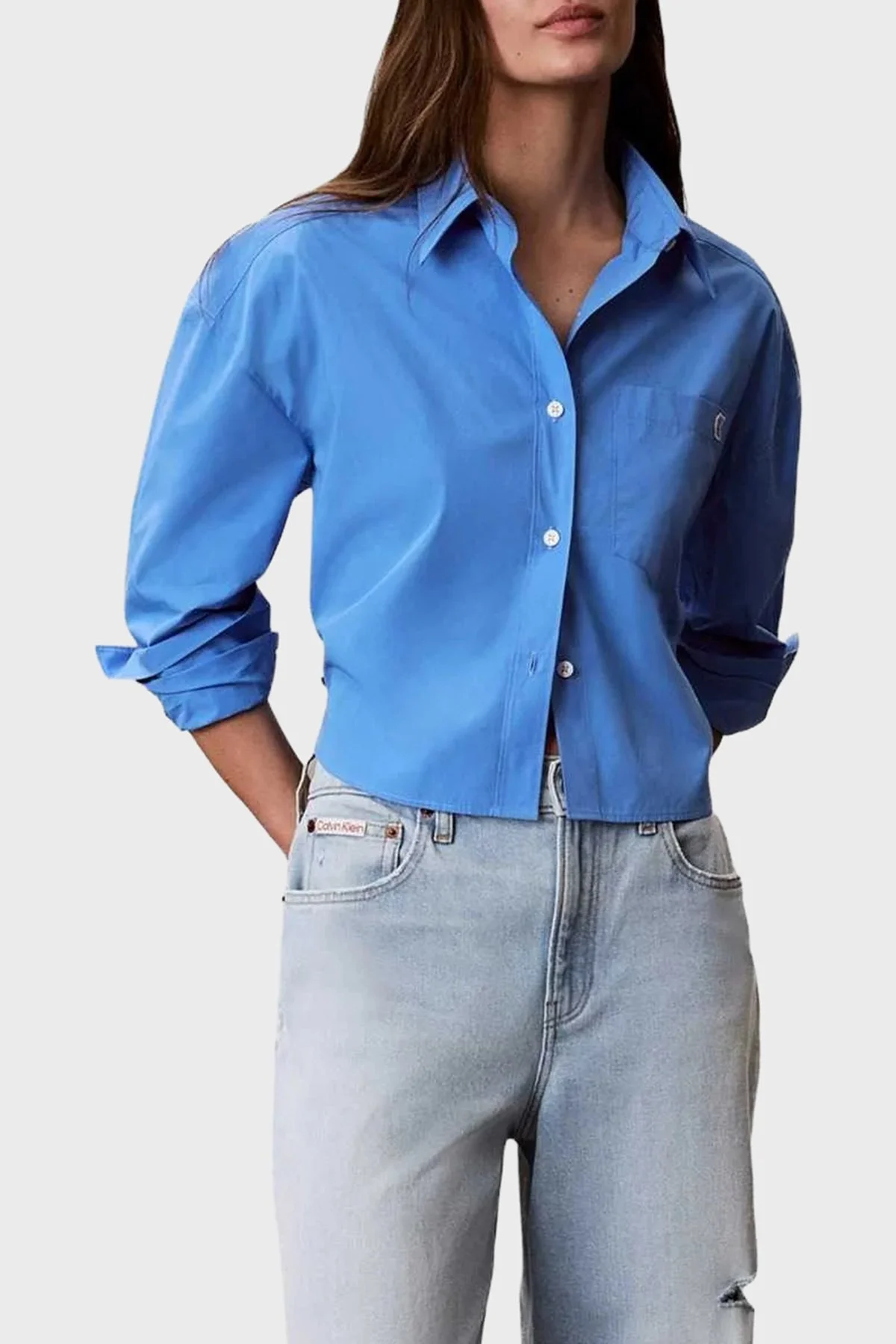 Calvin Klein % 100 Pamuk Poplin Logolu Kısa LV047F104GCG1 Kadın Gömlek LV047F104G CG1 MAVİ - 3