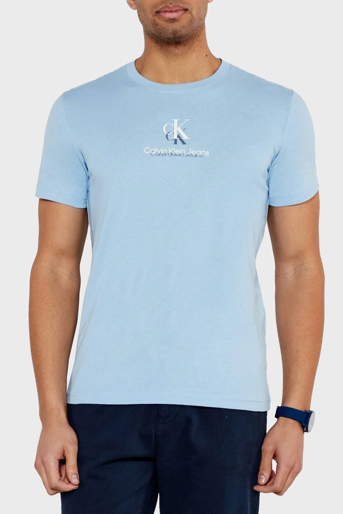 Calvin Klein % 100 Pamuk Regular Fit Bisiklet Yaka J30J327469CBR Erkek T Shirt J30J327469 CBR AÇIK MAVİ - 5