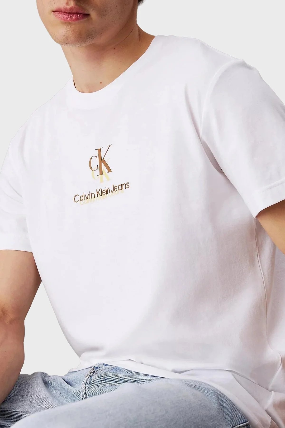 Calvin Klein % 100 Pamuk Regular Fit Bisiklet Yaka J30J327469YAF Erkek T Shirt J30J327469 YAF BEYAZ - 8