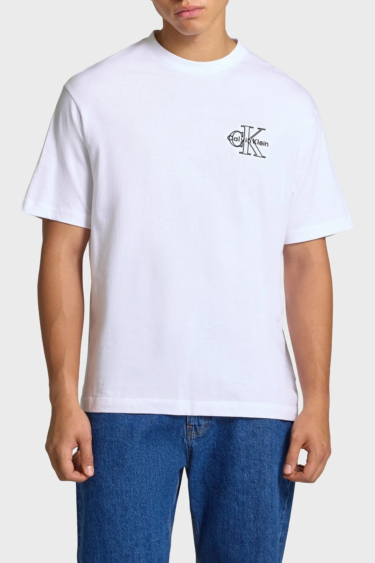 Calvin Klein % 100 Pamuk Regular Fit Bisiklet Yaka Logolu LV04RC856GYAA Erkek T Shirt LV04RC856G YAA BEYAZ - 1
