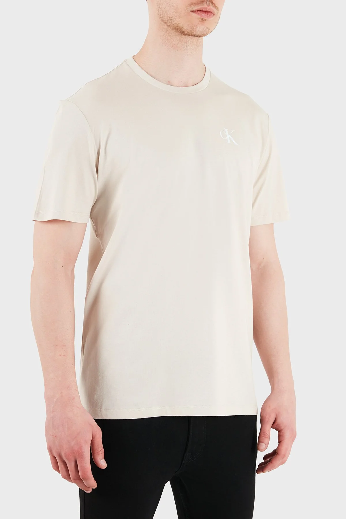 Calvin Klein % 100 Pamuk Regular Fit Bisiklet Yaka Logolu LV14RF852G2JX Erkek T Shirt LV14RF852G 2JX BEJ - 4