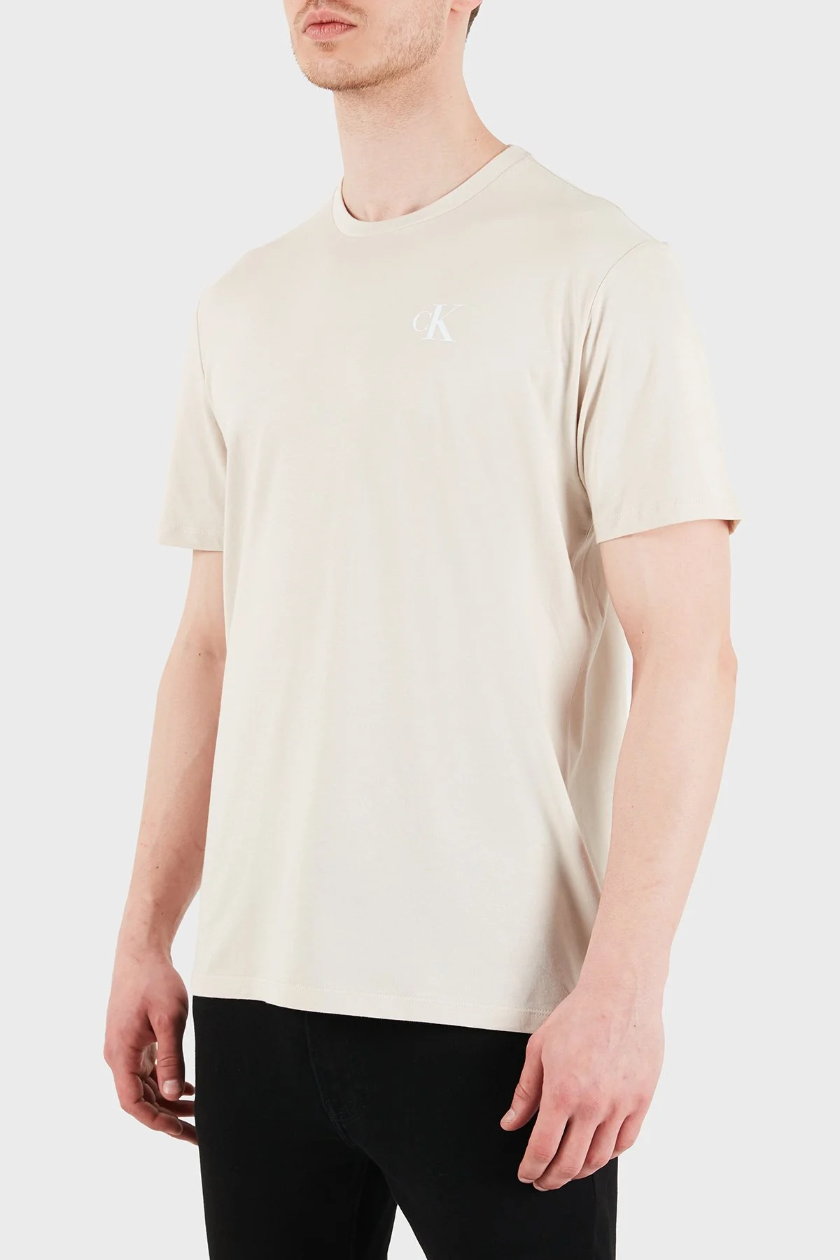 Calvin Klein % 100 Pamuk Regular Fit Bisiklet Yaka Logolu LV14RF852G2JX Erkek T Shirt LV14RF852G 2JX BEJ - 5