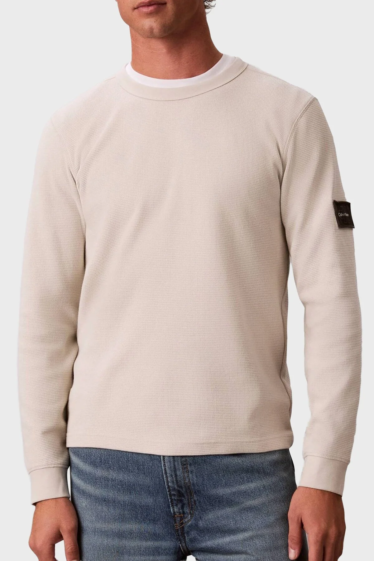 Calvin Klein % 100 Pamuk Regular Fit Bisiklet Yaka Uzun Kollu LV04RJ209GPDJ Erkek T Shirt LV04RJ209G PDJ Ekru - 1