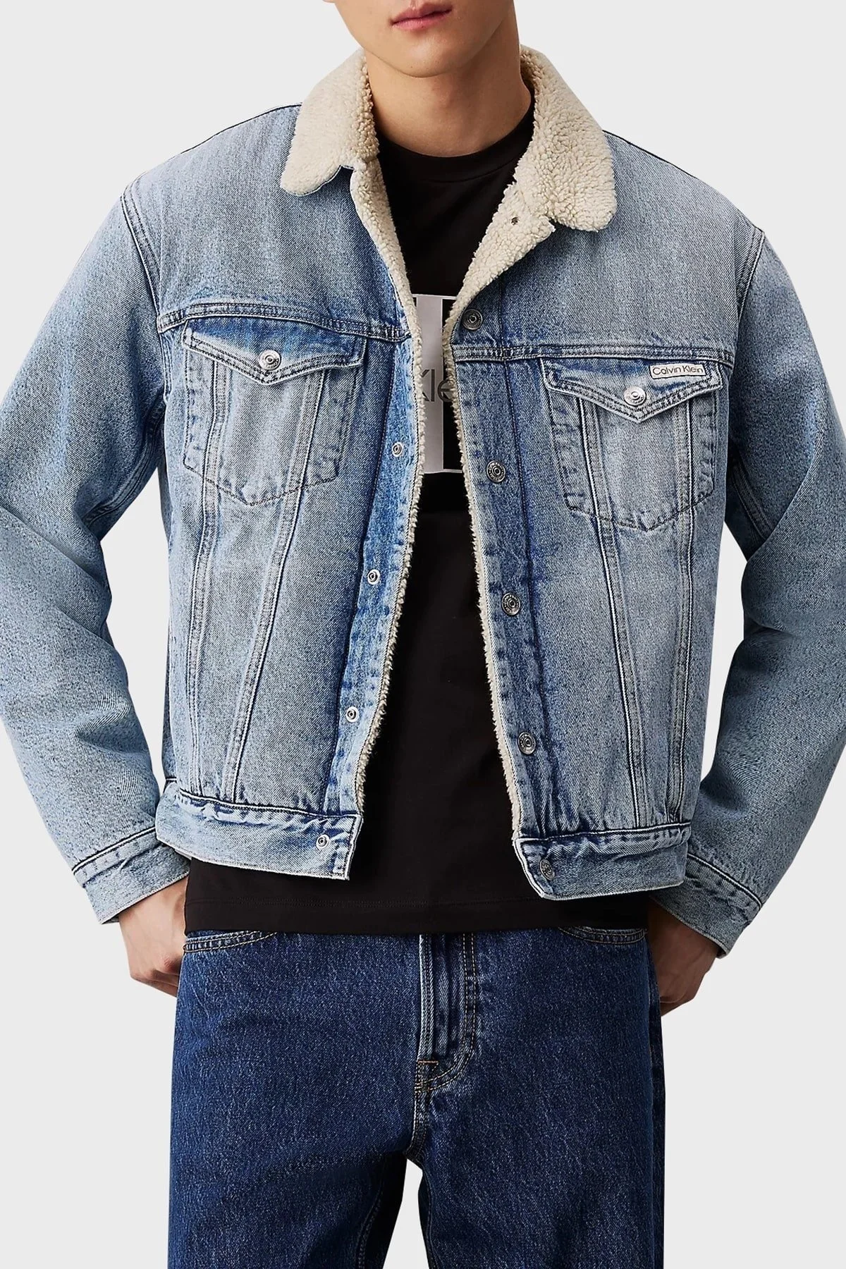 Calvin Klein % 100 Pamuk Regular Fit Sherpa J30J3268391A4 Erkek Kot Ceket J30J326839 1A4 MAVİ - 1