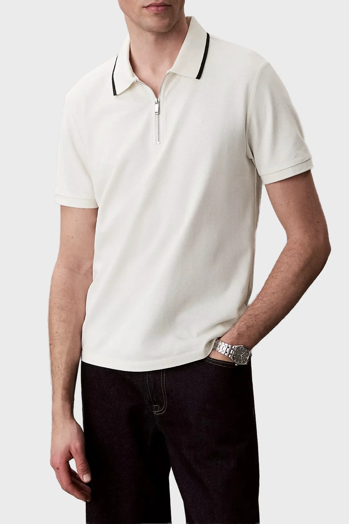 Calvin Klein % 100 Pamuk Regular Fit Yarım Fermuarlı LV04LF214GYAS Erkek Polo LV04LF214G YAS KREM - 1