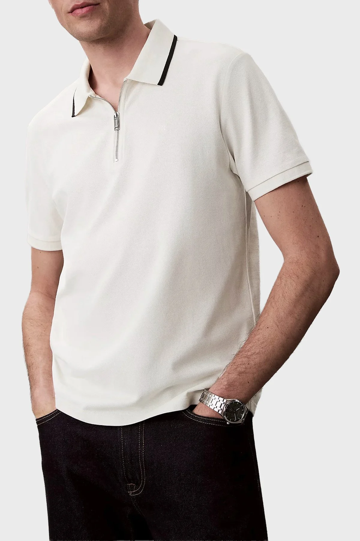 Calvin Klein % 100 Pamuk Regular Fit Yarım Fermuarlı LV04LF214GYAS Erkek Polo LV04LF214G YAS KREM - 5