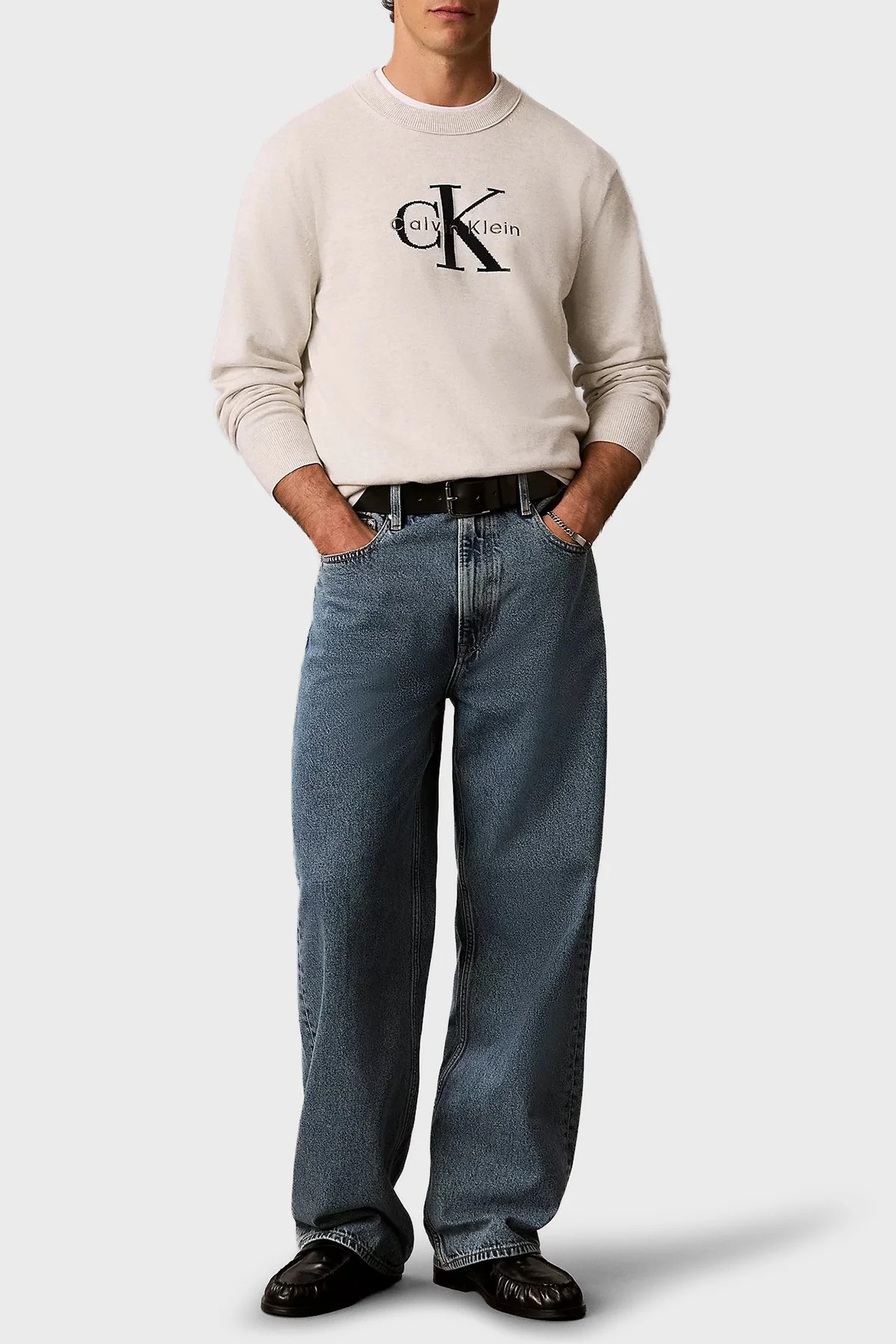 Calvin Klein % 100 Pamuk Relaxed Fit Bisiklet Yaka LV04RH320GP74 Erkek Kazak LV04RH320G P74 Açık gri melanj - 2