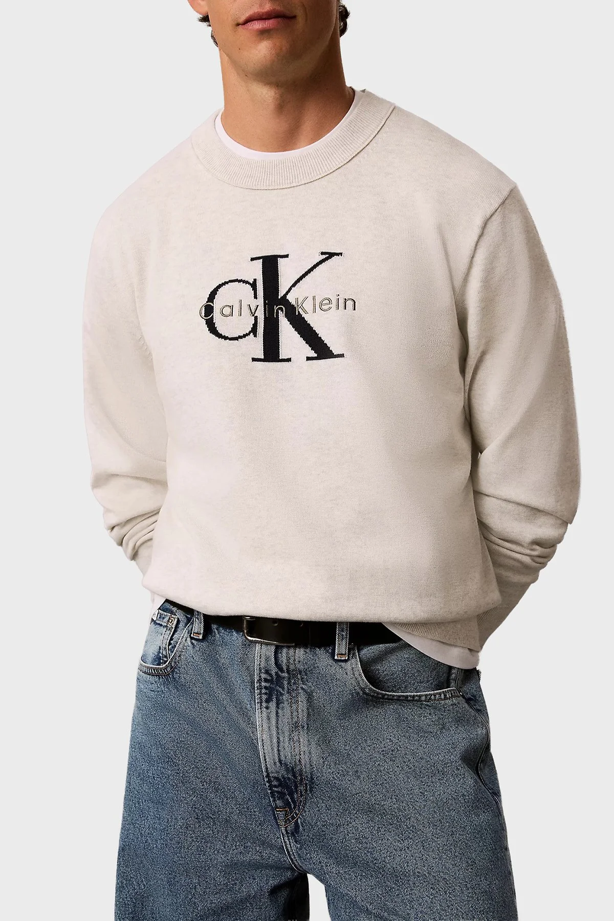 Calvin Klein % 100 Pamuk Relaxed Fit Bisiklet Yaka LV04RH320GP74 Erkek Kazak LV04RH320G P74 Açık gri melanj - 4