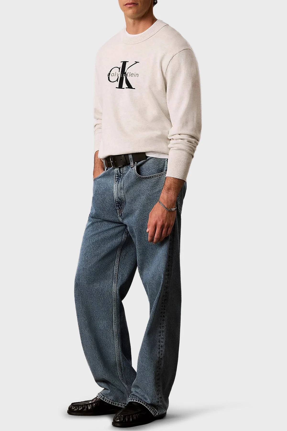 Calvin Klein % 100 Pamuk Relaxed Fit Bisiklet Yaka LV04RH320GP74 Erkek Kazak LV04RH320G P74 Açık gri melanj - 5