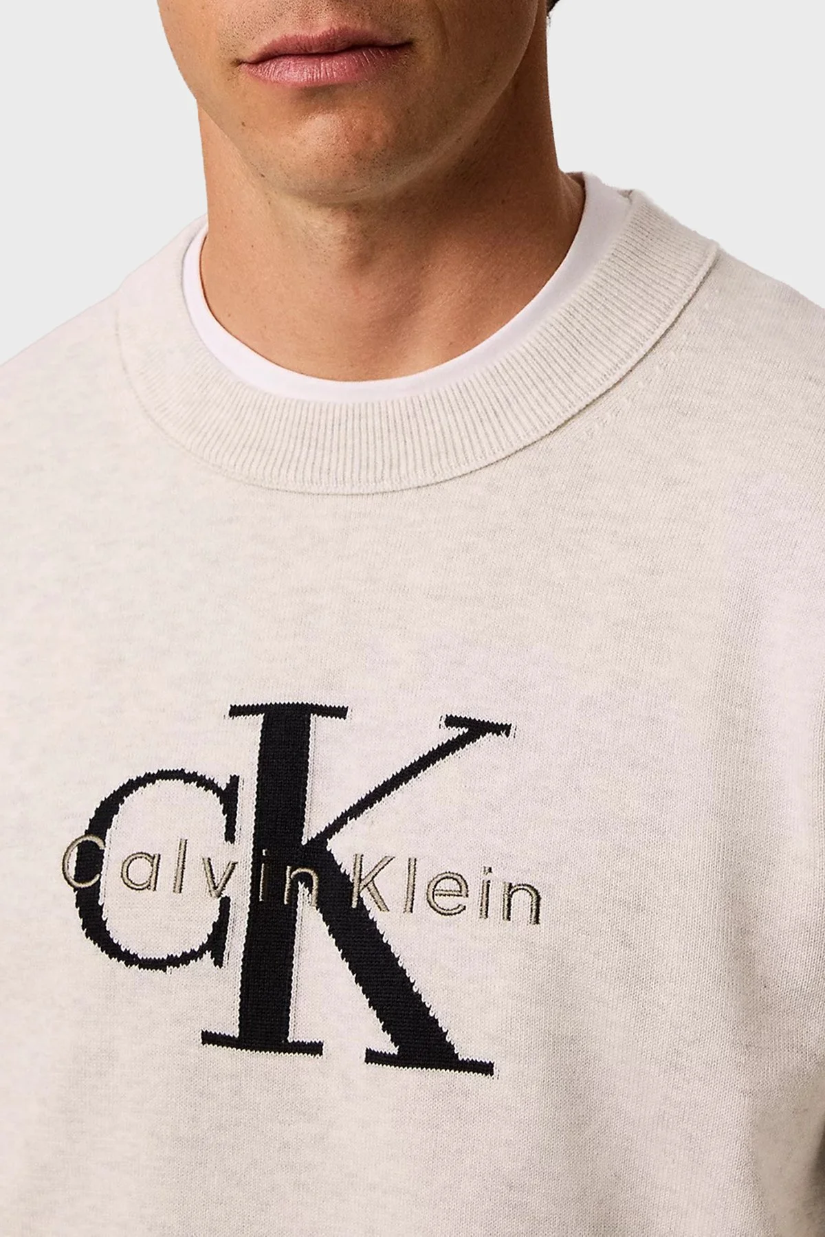 Calvin Klein % 100 Pamuk Relaxed Fit Bisiklet Yaka LV04RH320GP74 Erkek Kazak LV04RH320G P74 Açık gri melanj - 6