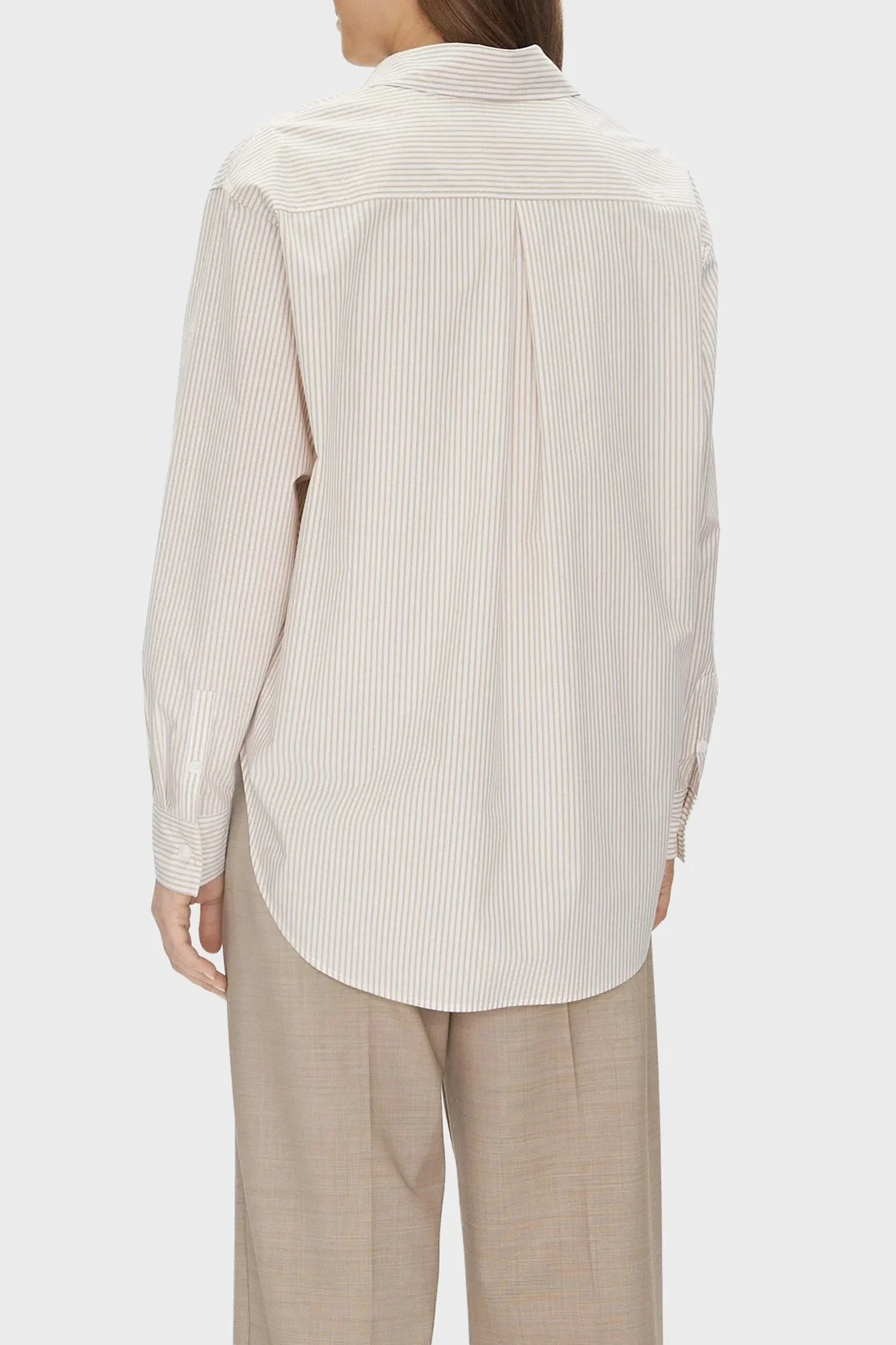 Calvin Klein % 100 Pamuk Relaxed Fit Cepli Çizgili J20J224436YAA Bayan Gömlek J20J224436 YAA BEYAZ-BEJ - 8