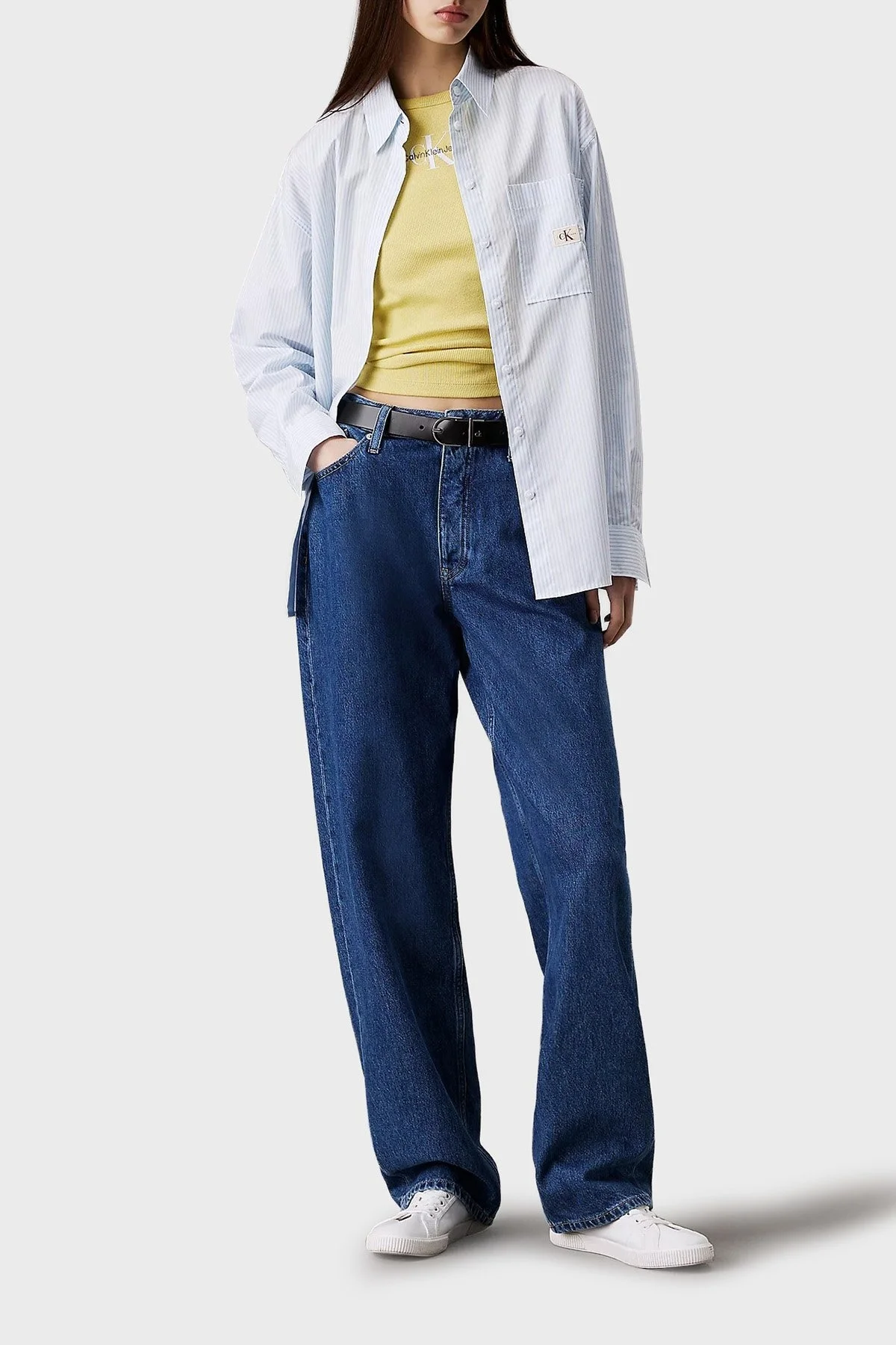 Calvin Klein % 100 Pamuk Relaxed Fit Çizgili Cepli J20J2244360K6 Bayan Gömlek J20J224436 0K6 BEYAZ-MAVİ - 6