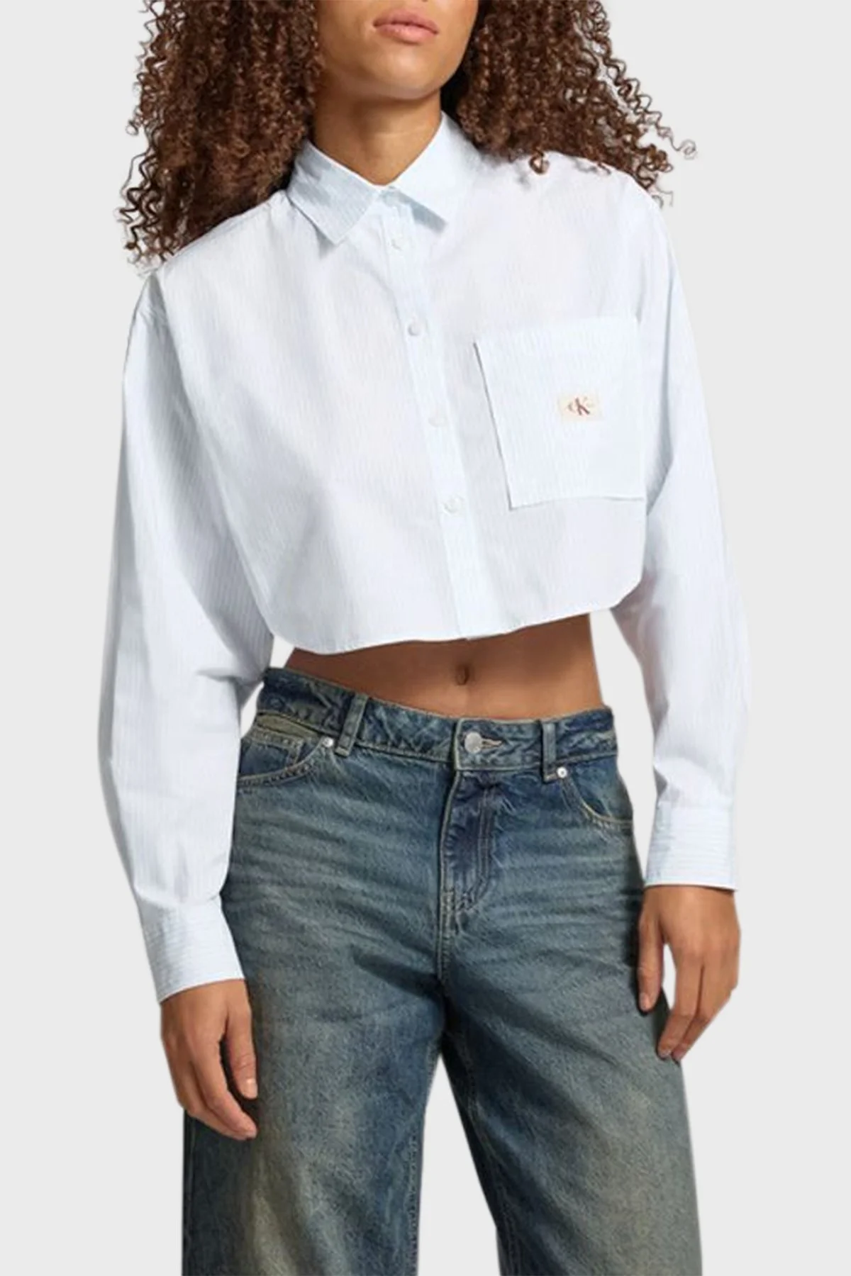 Calvin Klein % 100 Pamuk Relaxed Fit Çizgili Crop J20J2250780A8 Bayan Gömlek J20J225078 0A8 MAVİ - 6