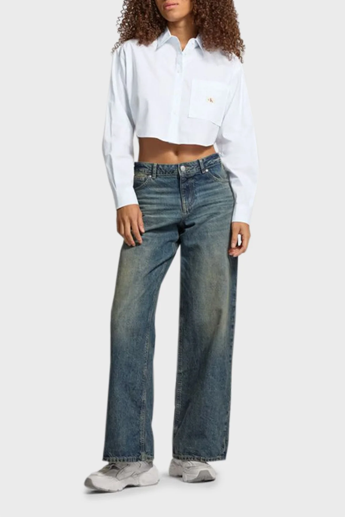 Calvin Klein % 100 Pamuk Relaxed Fit Çizgili Crop J20J2250780A8 Bayan Gömlek J20J225078 0A8 MAVİ - 7