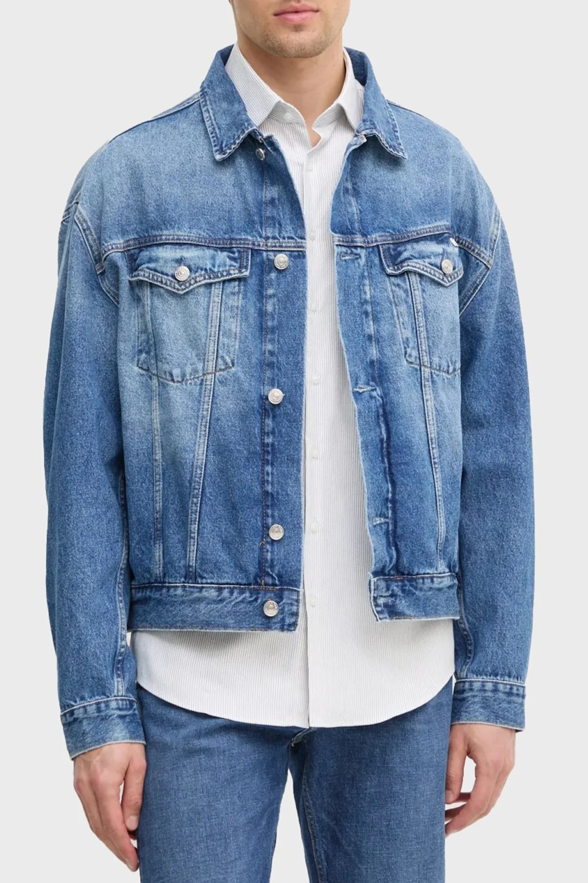 Calvin Klein % 100 Pamuk Relaxed Fit J30J3270271A4 Erkek Kot Ceket J30J327027 1A4 MAVİ - 7