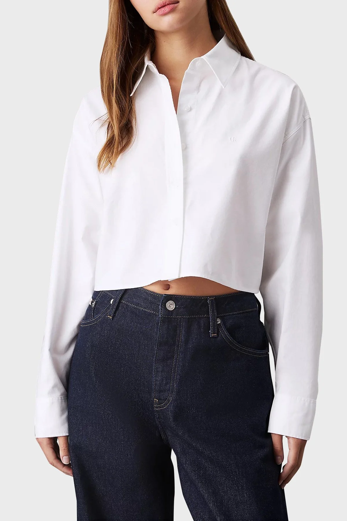 Calvin Klein % 100 Pamuk Relaxed Fit Klasik Yaka Crop J20J225079YAF Bayan Gömlek J20J225079 YAF BEYAZ - 1