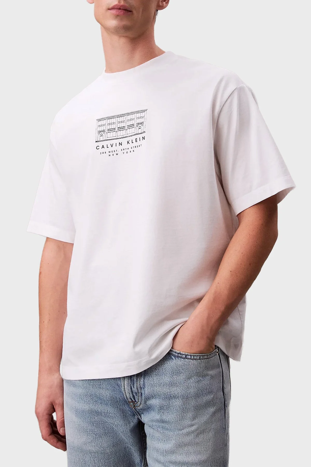 Calvin Klein % 100 Pamuk Relaxed Fit Logolu Bisiklet Yaka LV04RF823GYAF Erkek T Shirt LV04RF823G YAF BEYAZ - 1