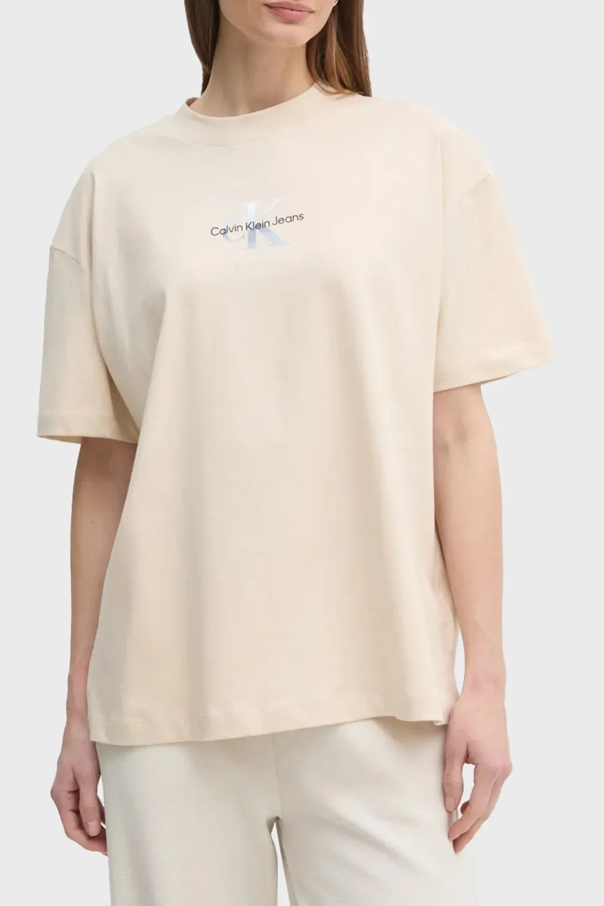 Calvin Klein % 100 Pamuk Relaxed Fit Logolu J20J225521AEA Bayan T Shirt J20J225521 AEA BEJ - 6