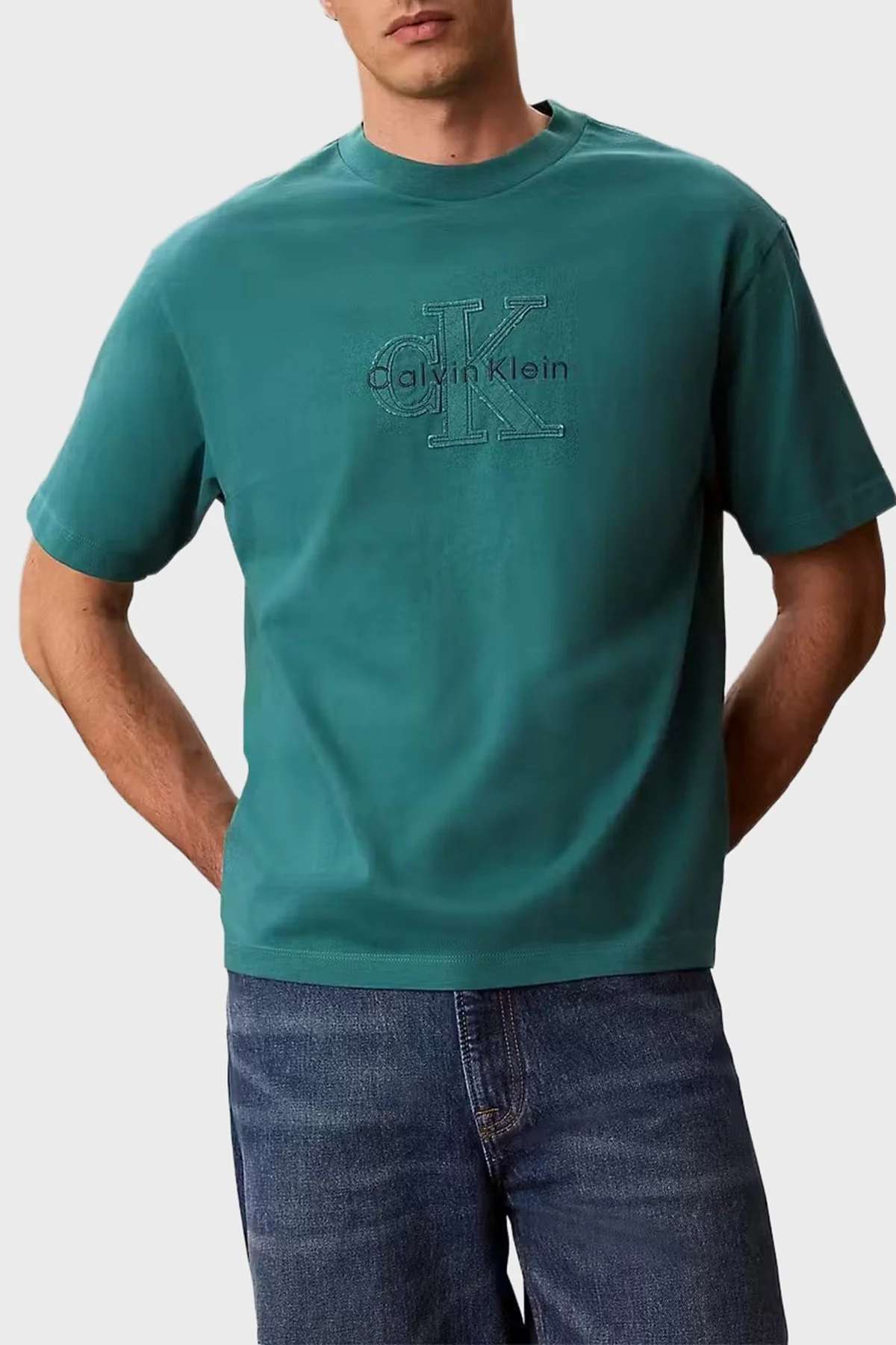 Calvin Klein % 100 Pamuk Relaxed Fit Logolu LV04RG814G8ZU Erkek T Shirt LV04RG814G 8ZU PETROL - 1