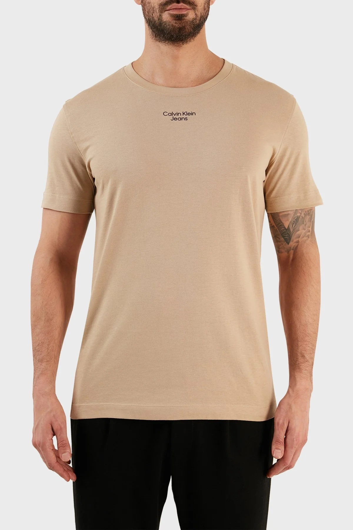 Calvin Klein % 100 Pamuk Slim Fit Bisiklet Yaka Erkek T Shirt J30J320595 PF2 BEJ - 1