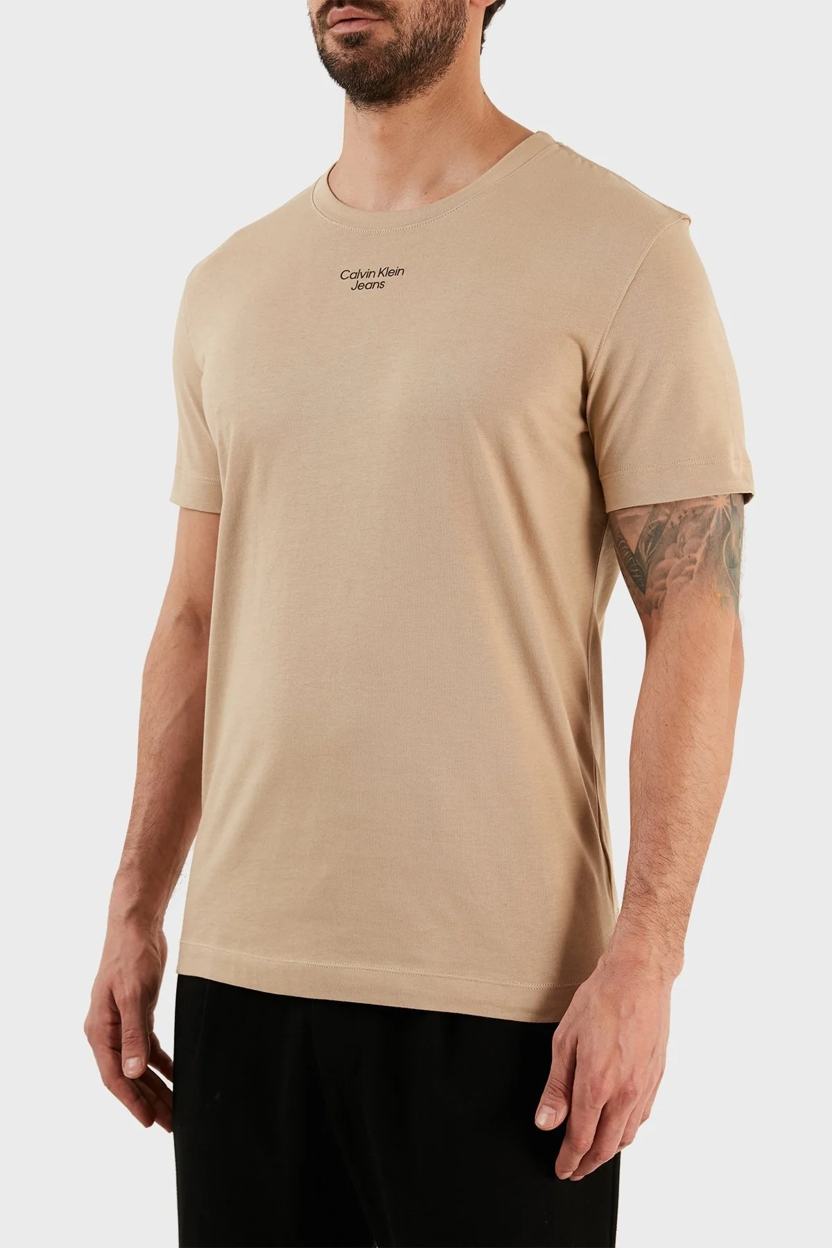 Calvin Klein % 100 Pamuk Slim Fit Bisiklet Yaka Erkek T Shirt J30J320595 PF2 BEJ - 2