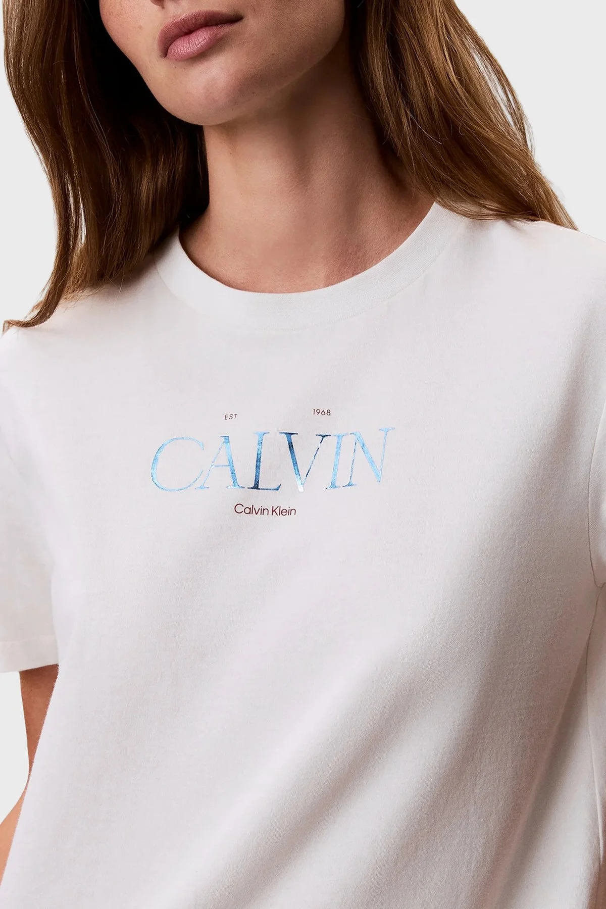 Calvin Klein % 100 Pamuk Slim Fit Bisiklet Yaka LV047G806GYAS Kadın T Shirt LV047G806G YAS Krem - 4