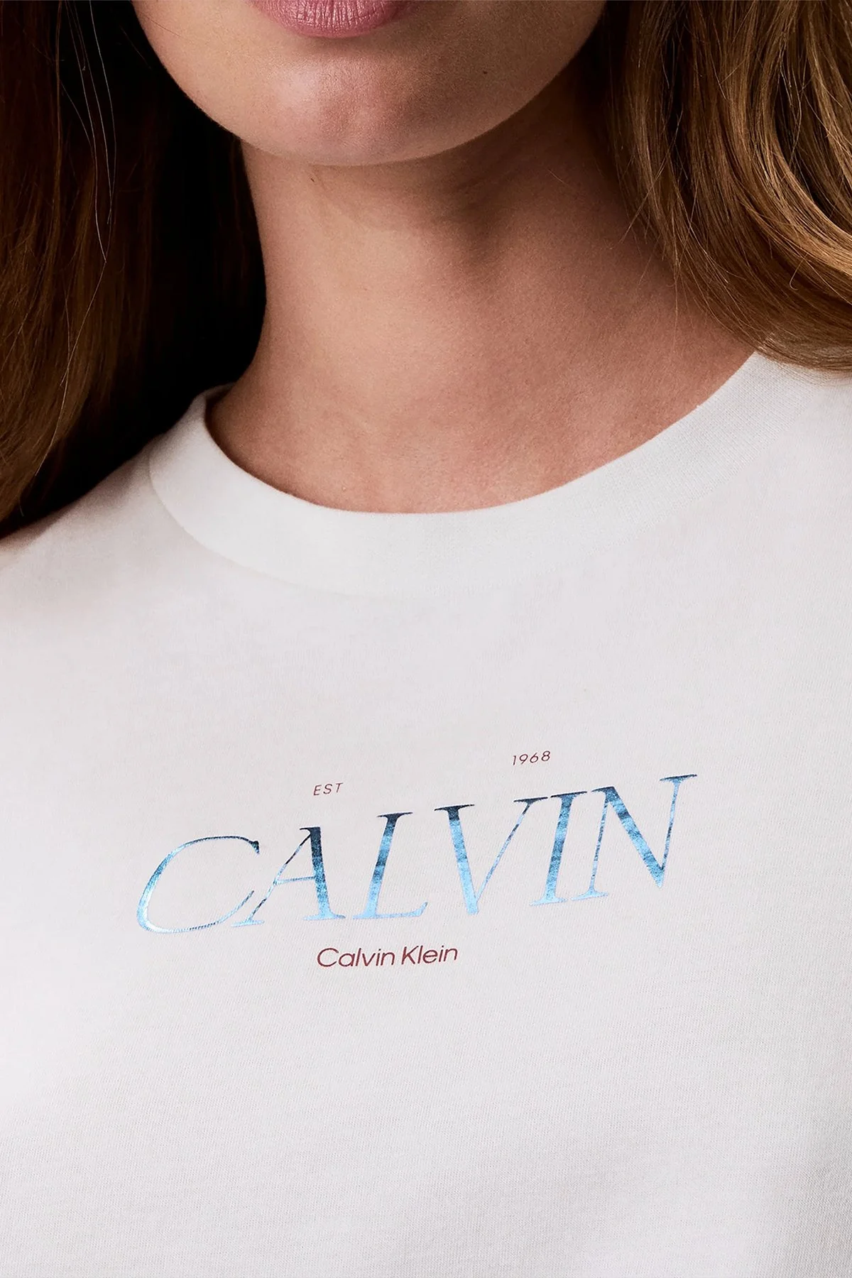 Calvin Klein % 100 Pamuk Slim Fit Bisiklet Yaka LV047G806GYAS Kadın T Shirt LV047G806G YAS Krem - 5